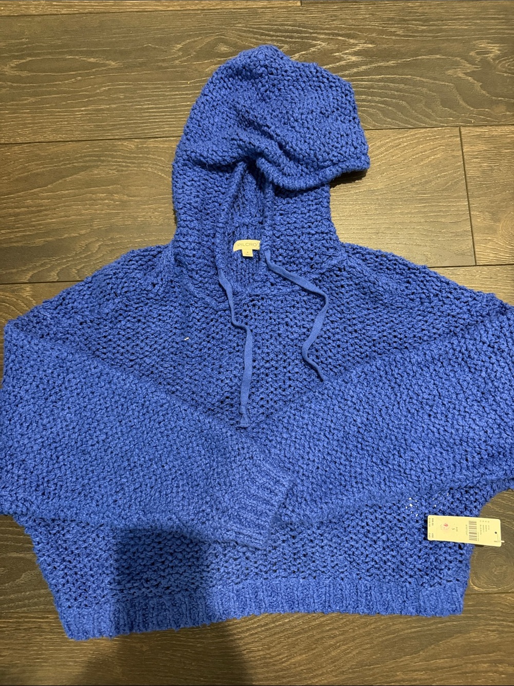 Anthropologie Royal Blue Cropped Knit Hoodie Sweater